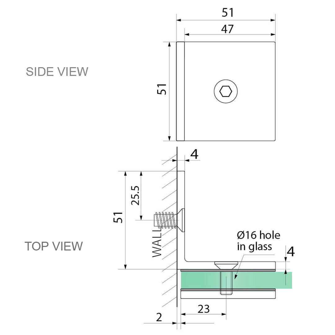 10mm Shower Screen Glass to Wall 90 Degree Offset Bracket