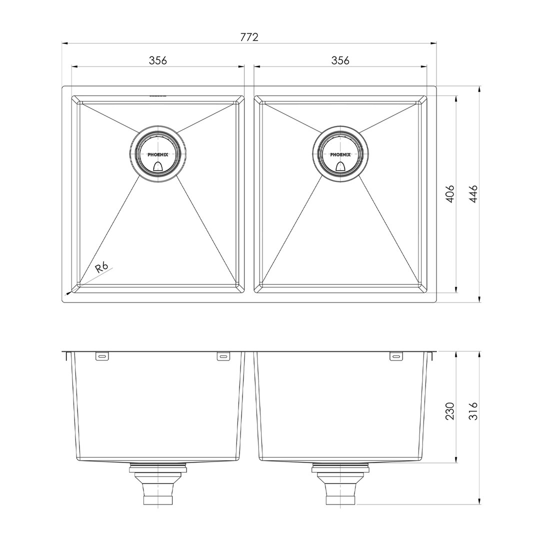 Phoenix 4000 Double Bowl Sink 772x446x230mm