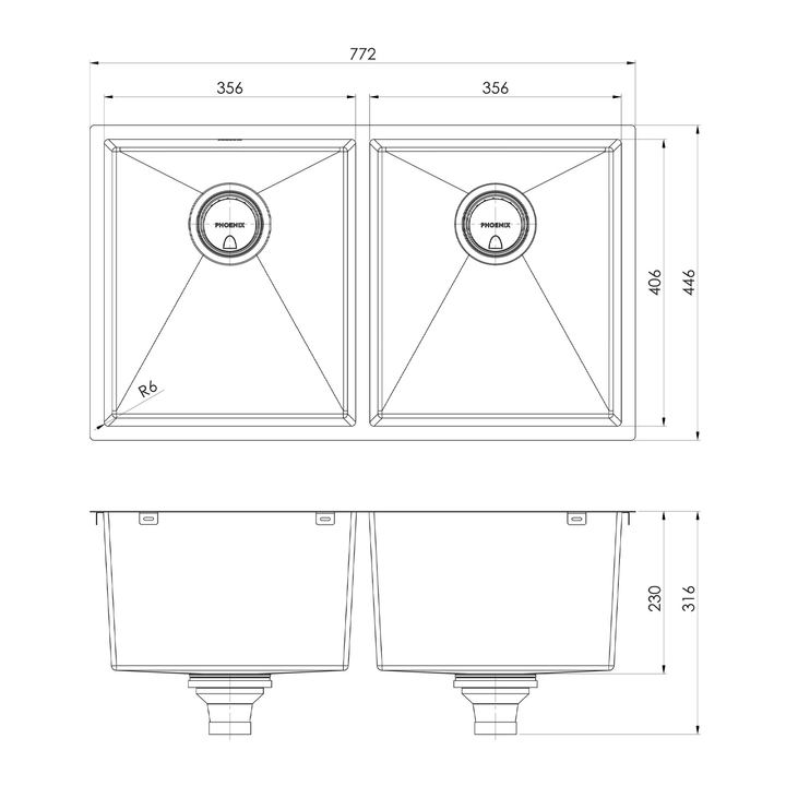 Phoenix 4000 Double Bowl Sink 772x446x230mm