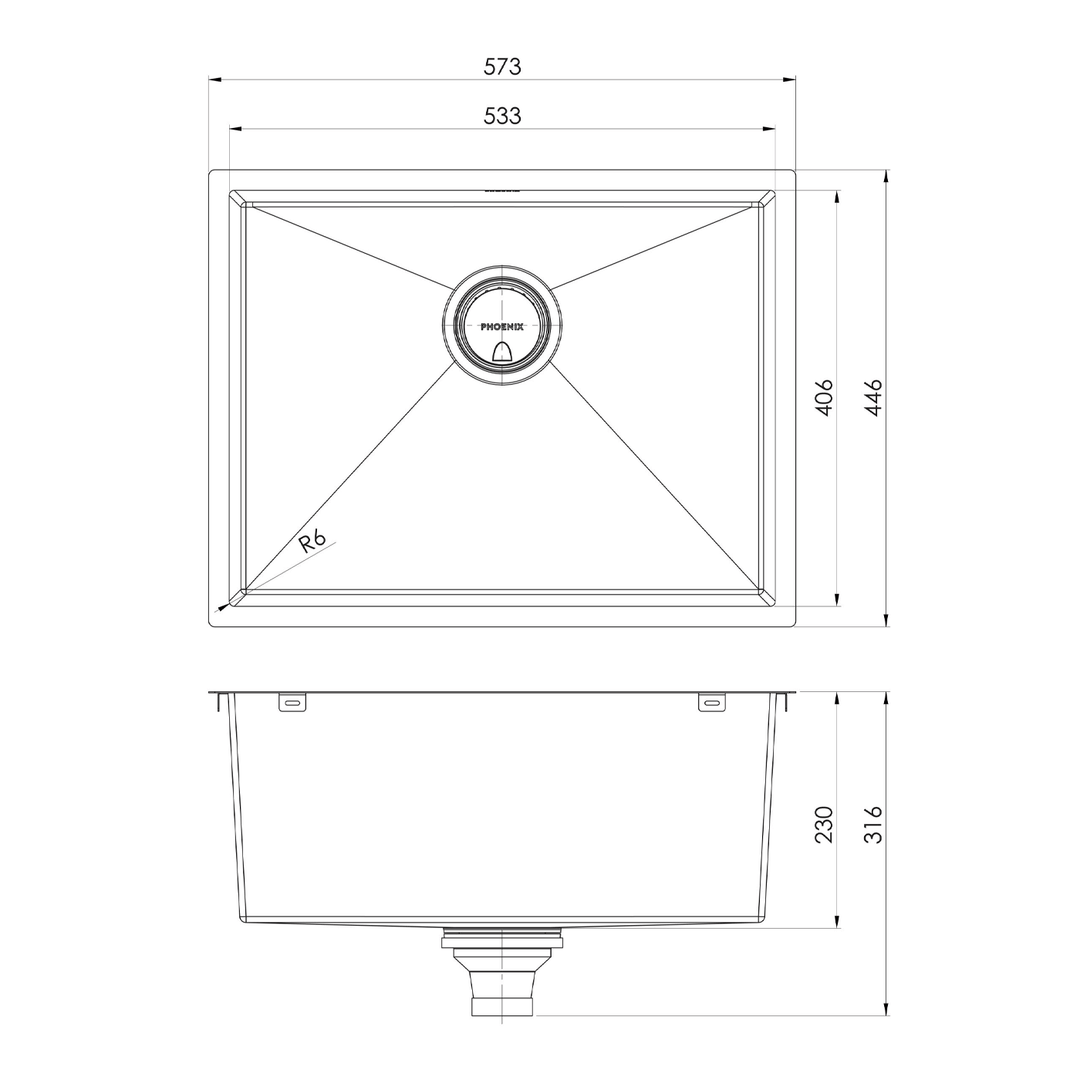 Phoenix 4000 Single Bowl Sink 573x446x230mm