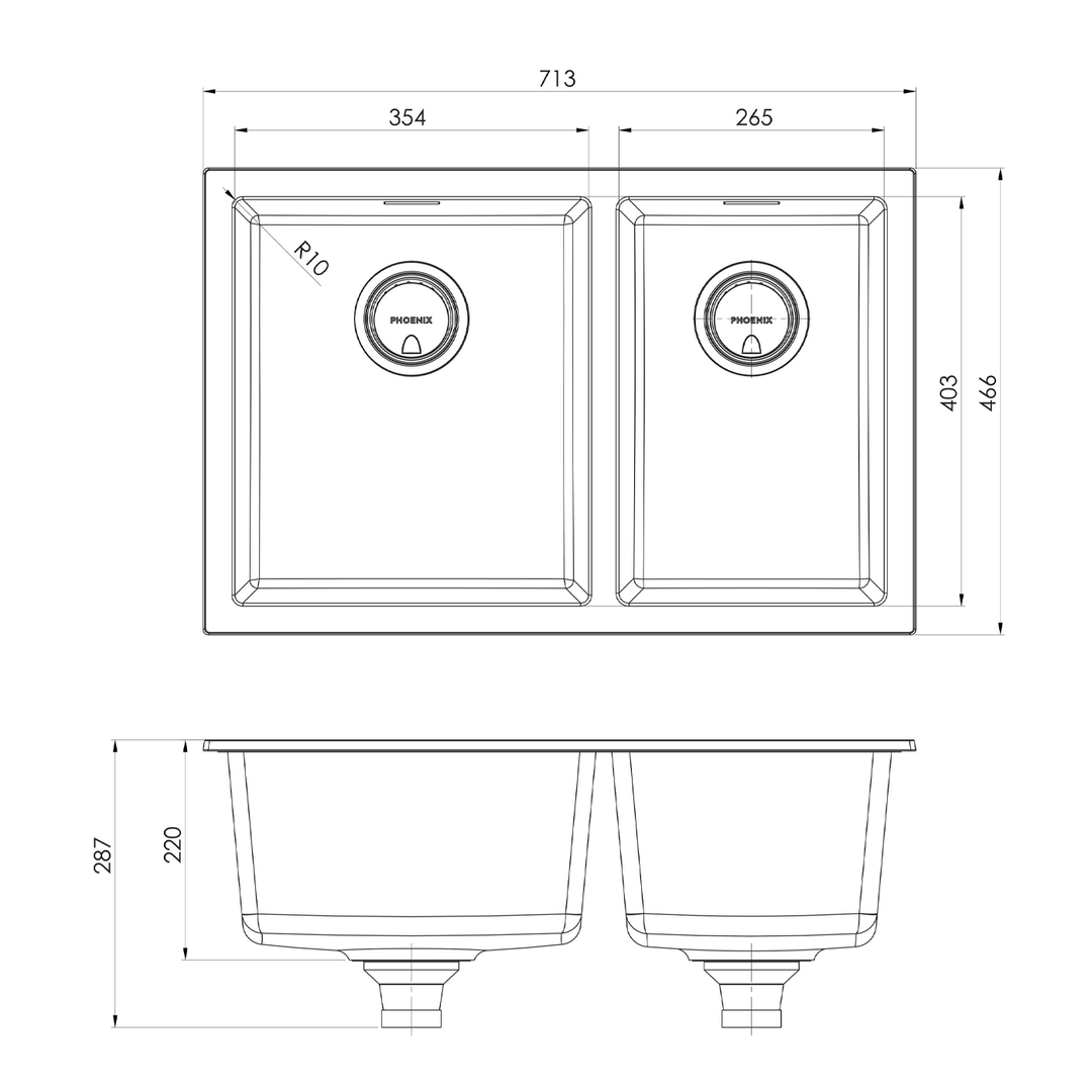 Phoenix 5000 1 & 3/4 Bowl Sink 713x466x220mm