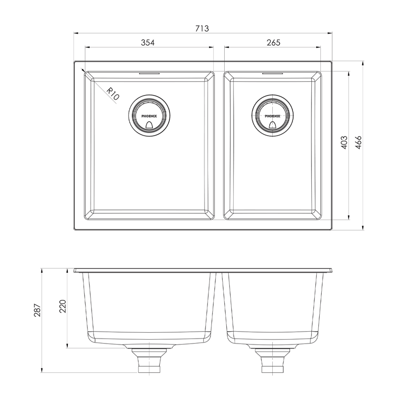 Phoenix 5000 1 & 3/4 Bowl Sink 713x466x220mm