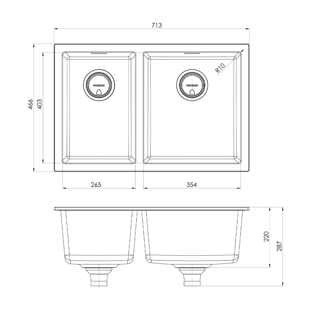 Phoenix 5000 1 & 3/4 Bowl Sink 713x466x220mm