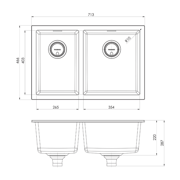 Phoenix 5000 1 & 3/4 Bowl Sink 713x466x220mm