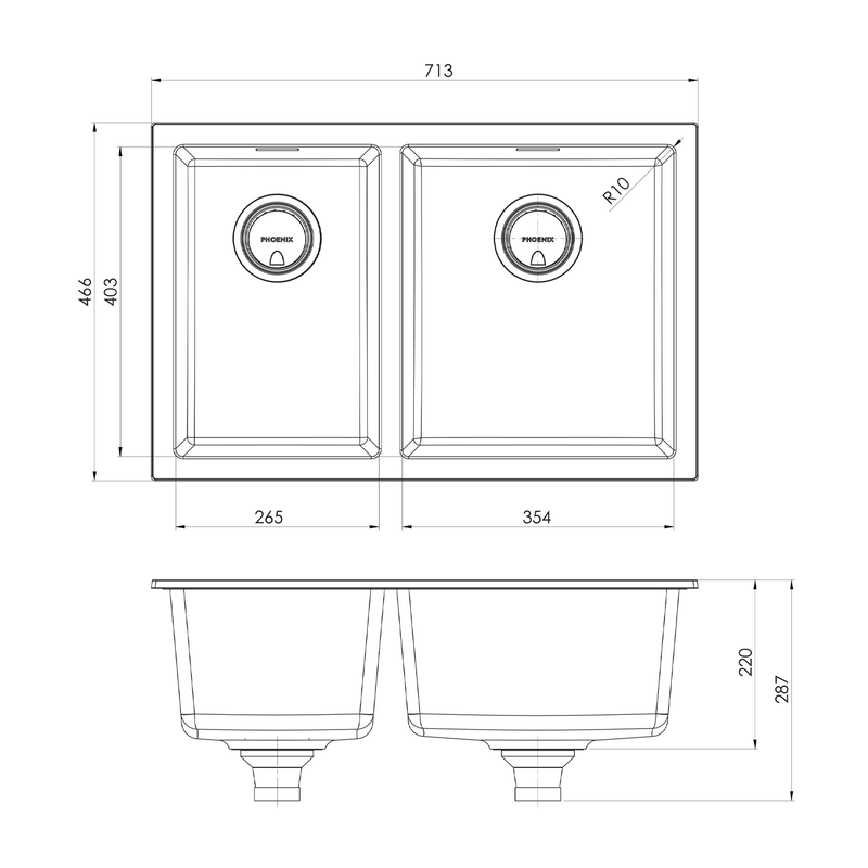 Phoenix 5000 1 & 3/4 Bowl Sink 713x466x220mm