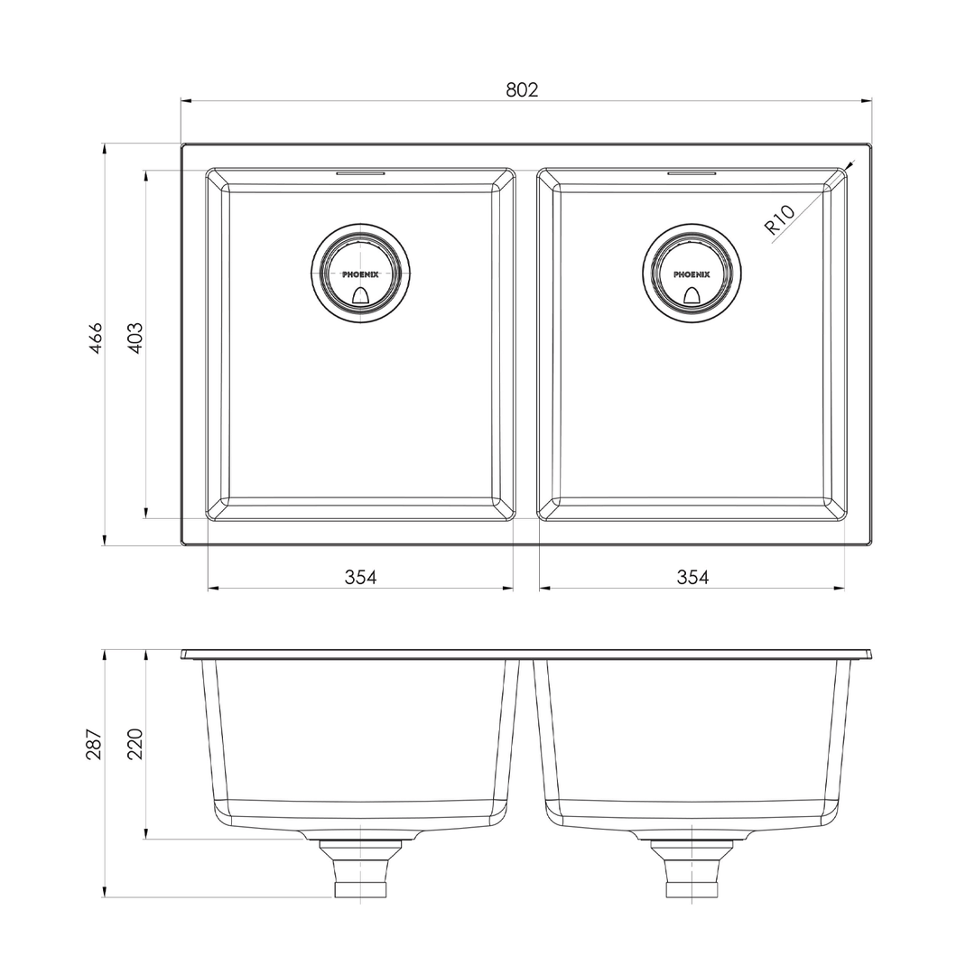 Phoenix 5000 Double Bowl Sink 802x466x220mm