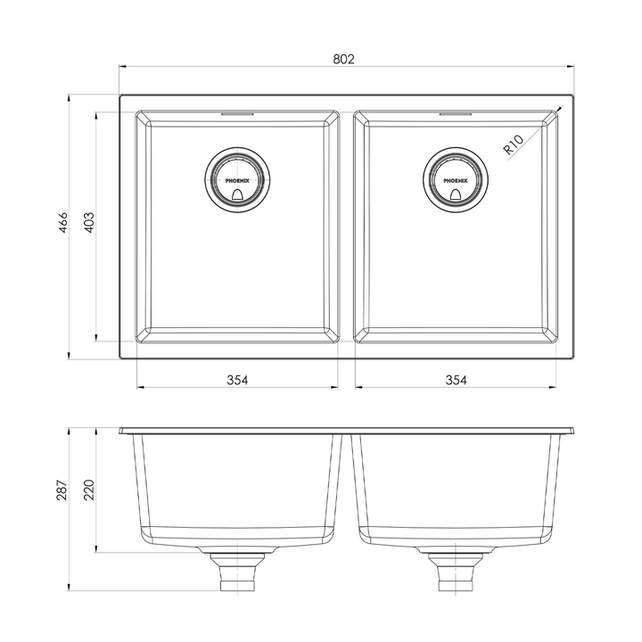 Phoenix 5000 Double Bowl Sink 802x466x220mm