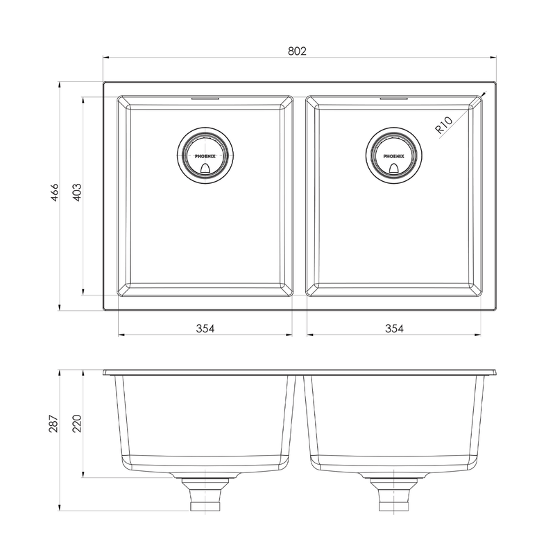 Phoenix 5000 Double Bowl Sink 802x466x220mm