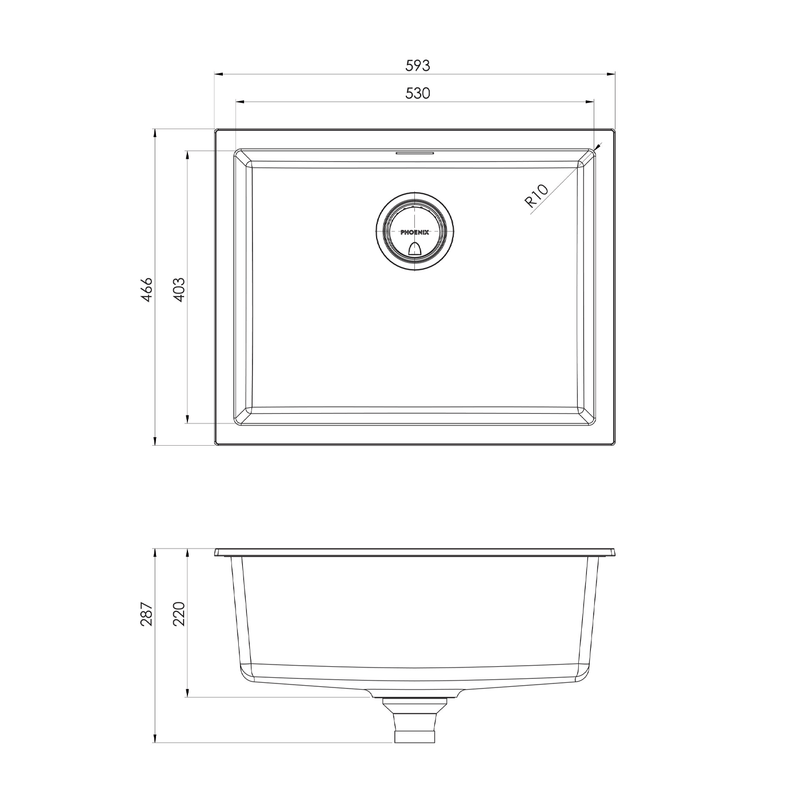 Phoenix 5000 Single Bowl Sink 593x466x220mm