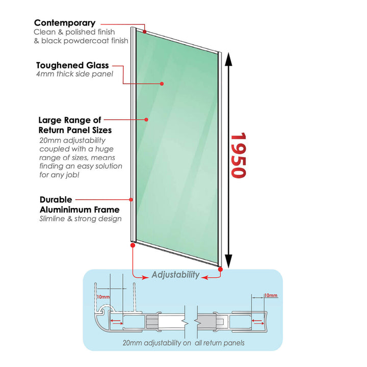 Semi-Frameless 6mm Adjustable 2-Side Shower Screen 1950mm High Black