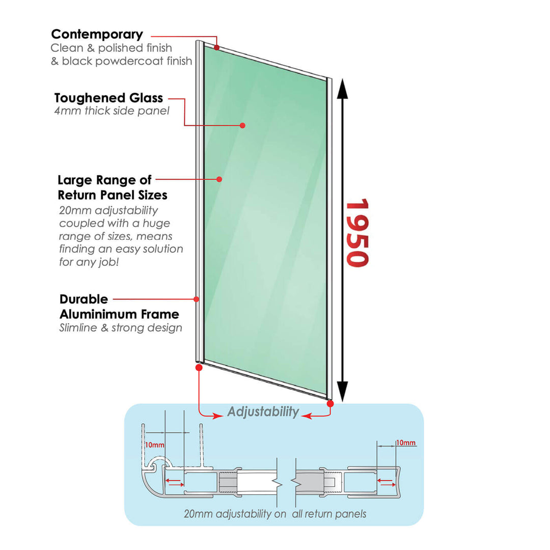 Semi-Frameless 6mm Adjustable 2-Side Shower Screen 1950mm High Chrome