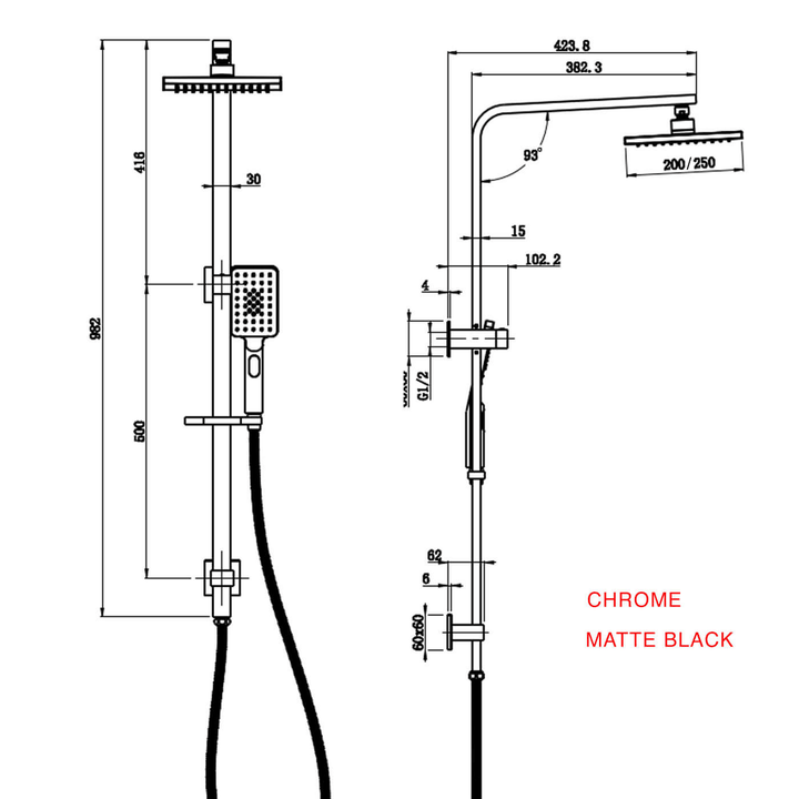 Alice Square Twin Overhead Rain Shower Rail Set