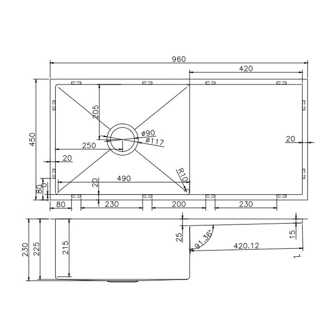 Argo Stainless Steel Sink with Drainer 960x450x230mm