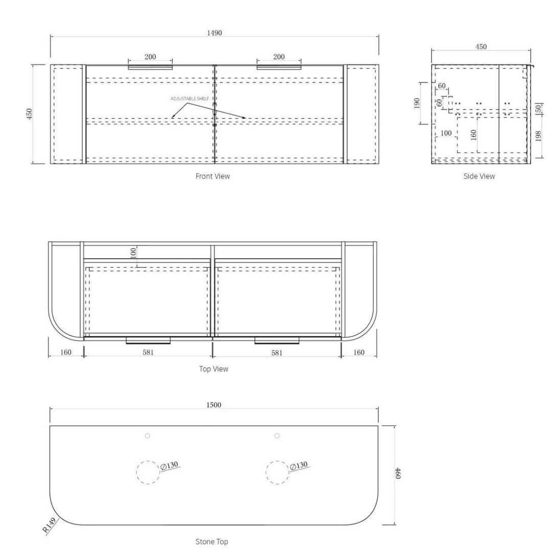 Bondi Fluted Matte White Curved Wall Hung Vanity (600-1800mm)