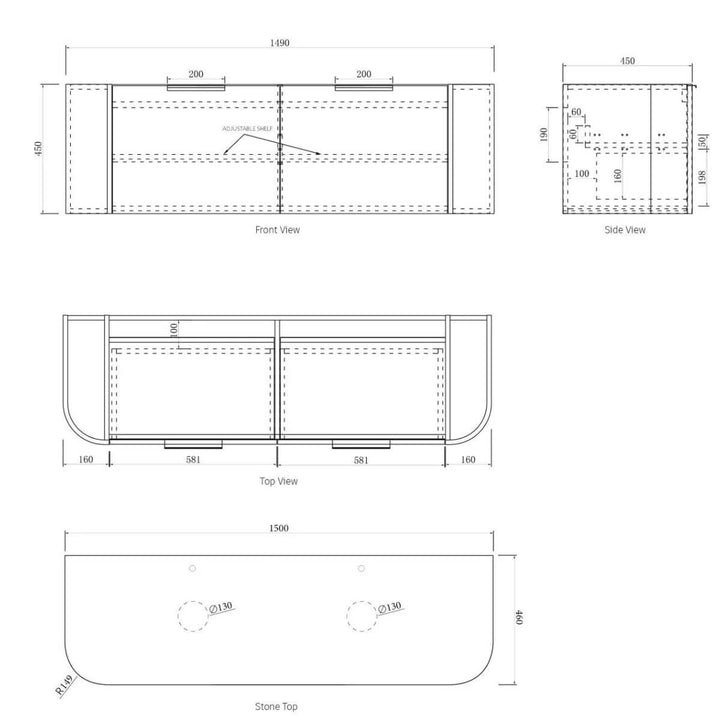 Bondi Fluted Matte White Curved Wall Hung Vanity (600-1800mm)