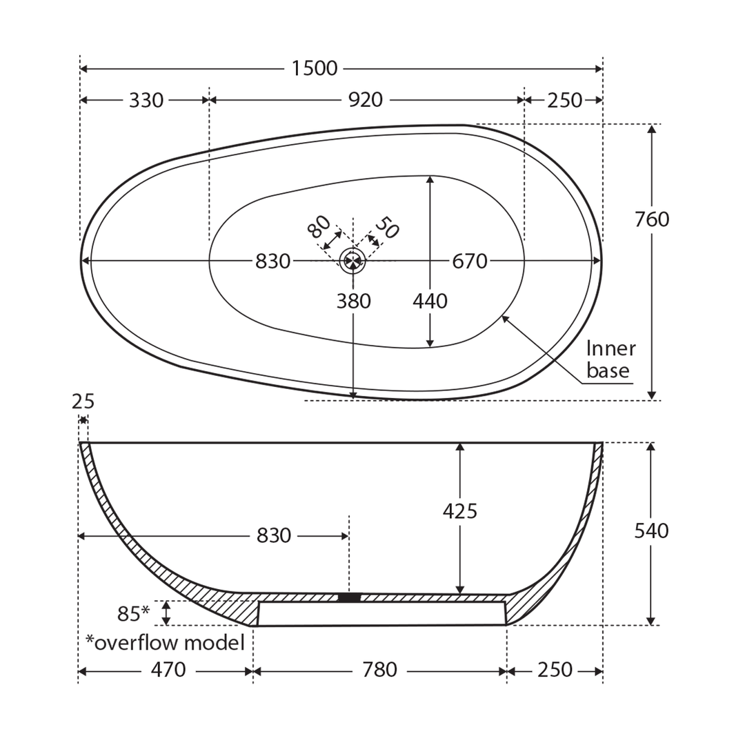 Bahama Freestanding Cast Stone Bathtub 1500-1685mm