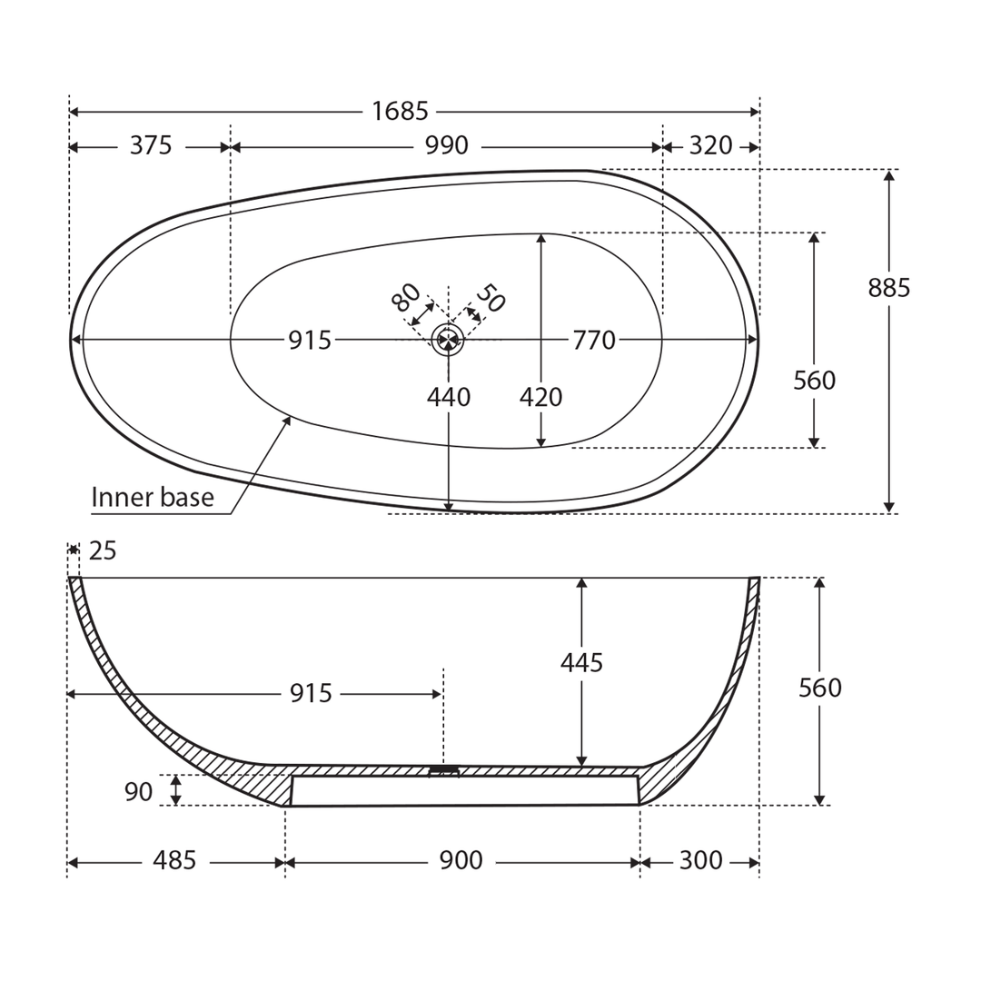 Bahama Freestanding Cast Stone Bathtub 1500-1685mm