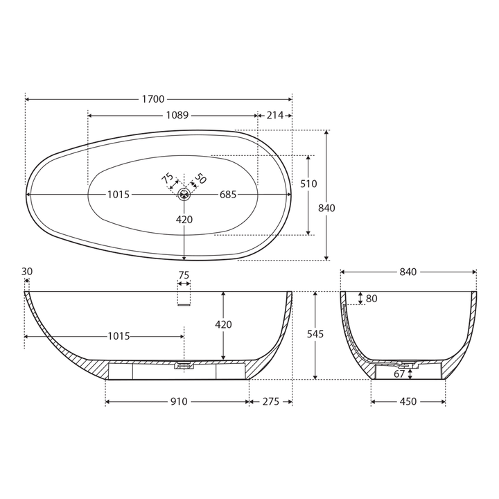 Bahama Freestanding Cast Stone Bathtub 1700mm Matte Black