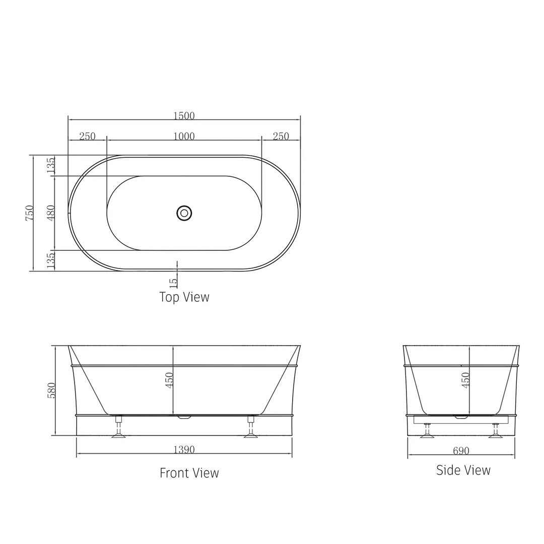 Bondi Hamptons Freestanding Oval Bathtub 1500-1700mm