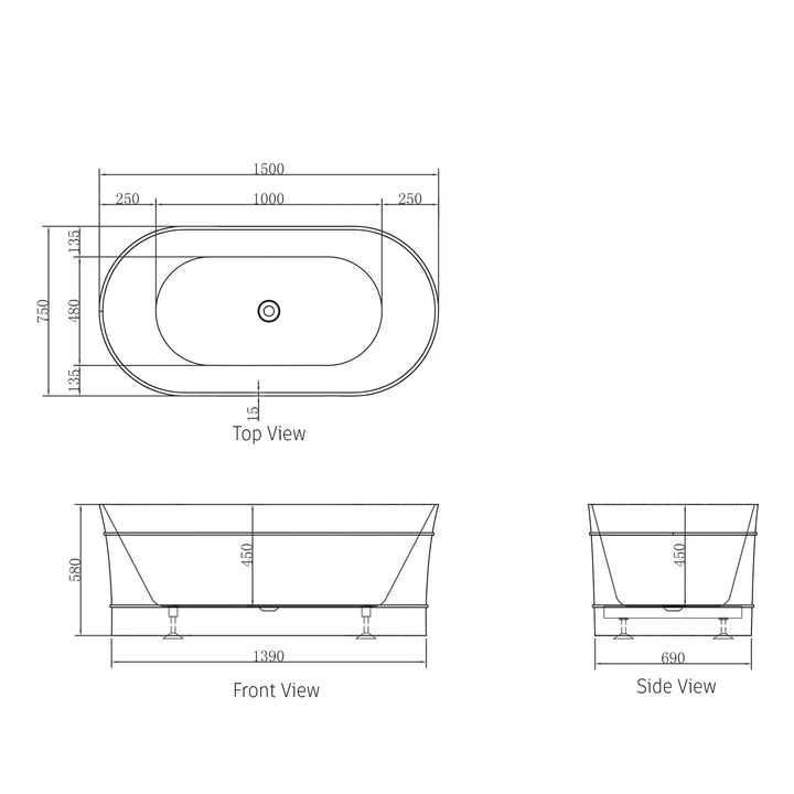 Bondi Hamptons Freestanding Oval Bathtub 1500-1700mm