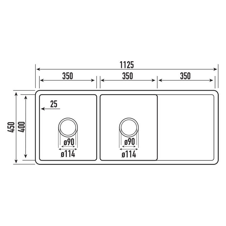 Calabria Double Stainless Steel Sink with Drainer 1125x450x205mm