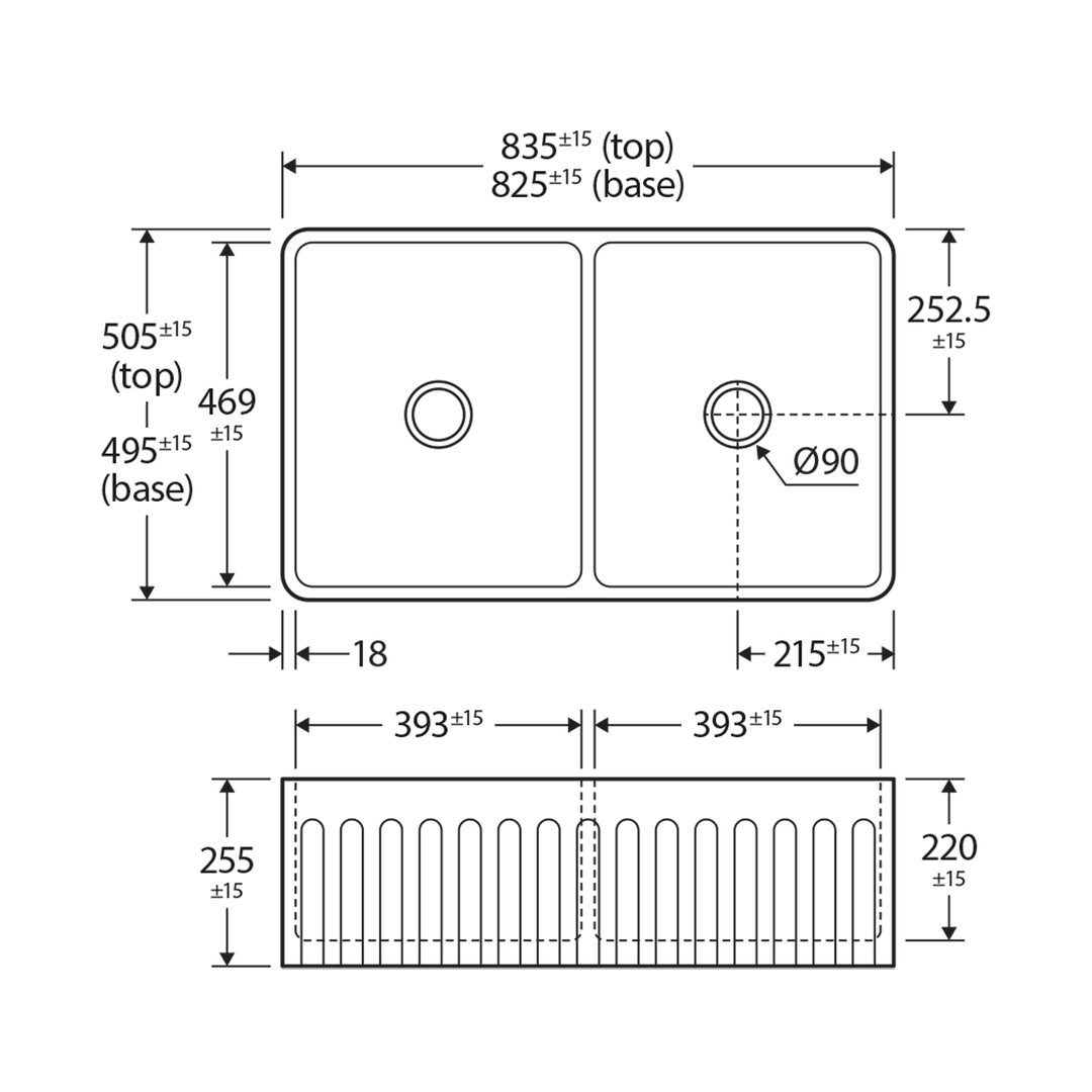 Charlton Double Butler Farmhouse Sink 835x505x255mm