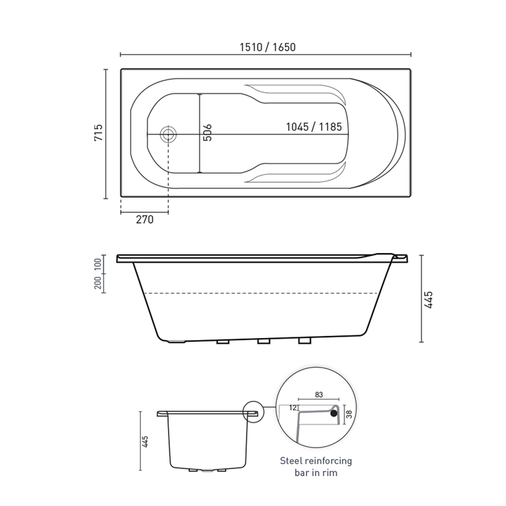 Adatto Contour Inset Spa Bathtub 1510-1650mm