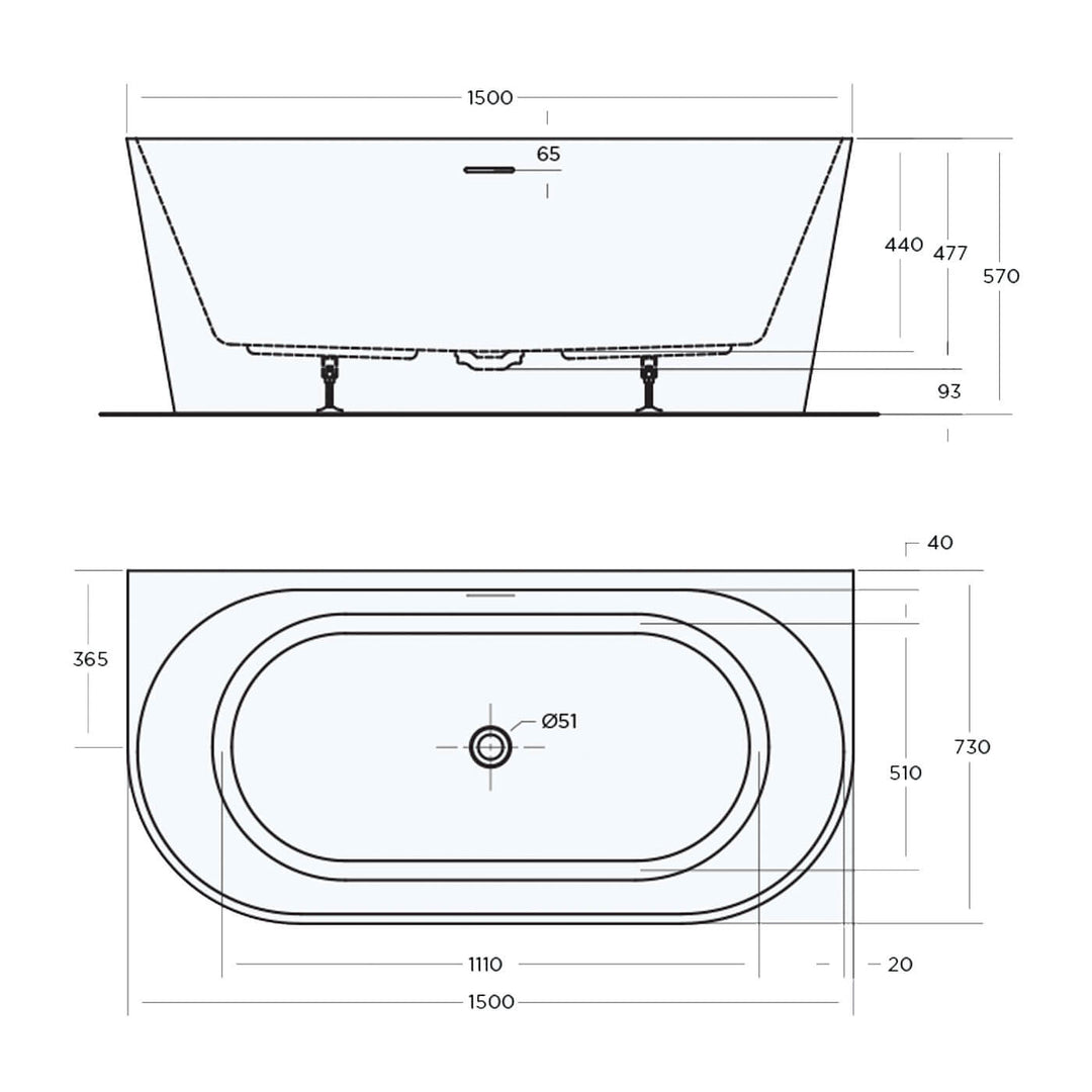 Eco Back to Wall Overflow Bathtub Gloss White 1400-1700mm