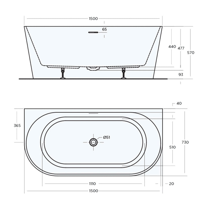 Eco Back to Wall Overflow Bathtub Gloss White 1400-1700mm