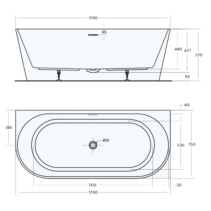 Eco Back to Wall Overflow Bathtub Gloss White 1400-1700mm