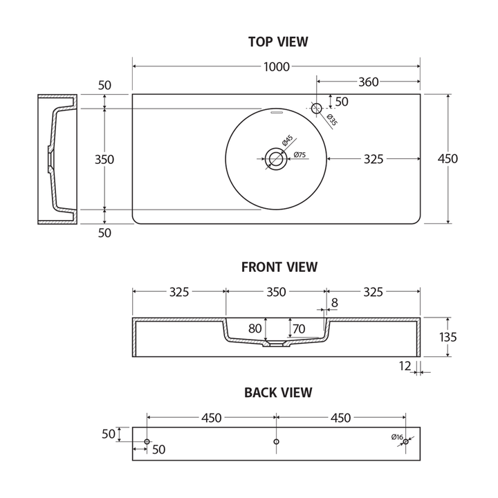 Encanto Slimline Cast Stone Wall Hung Basin 1000mm