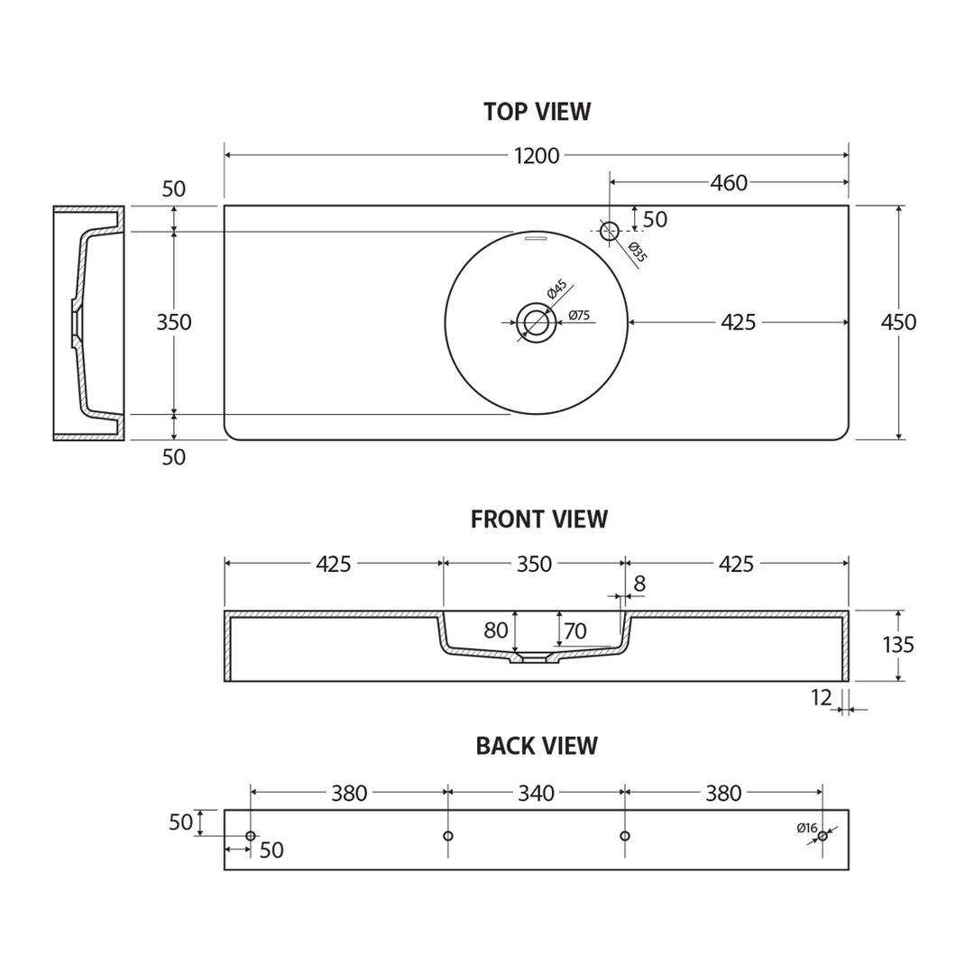 Encanto Slimline Cast Stone Wall Hung Basin 1200mm