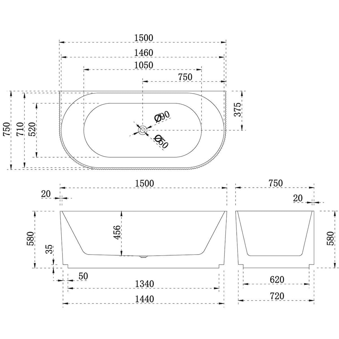 Enflair Back to Wall Fluted Groove Freestanding Bathtub 1500-1700mm