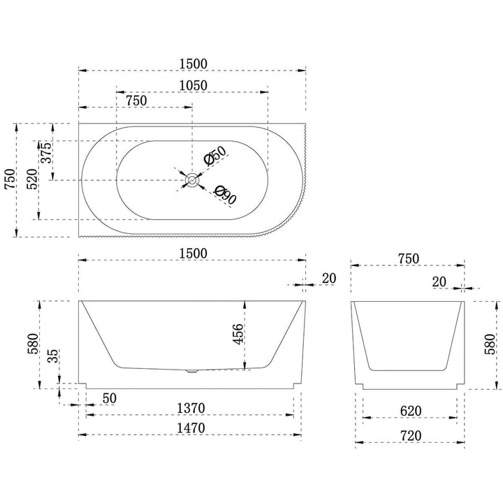 Enflair Fluted Groove Corner Bathtub 1500-1700mm