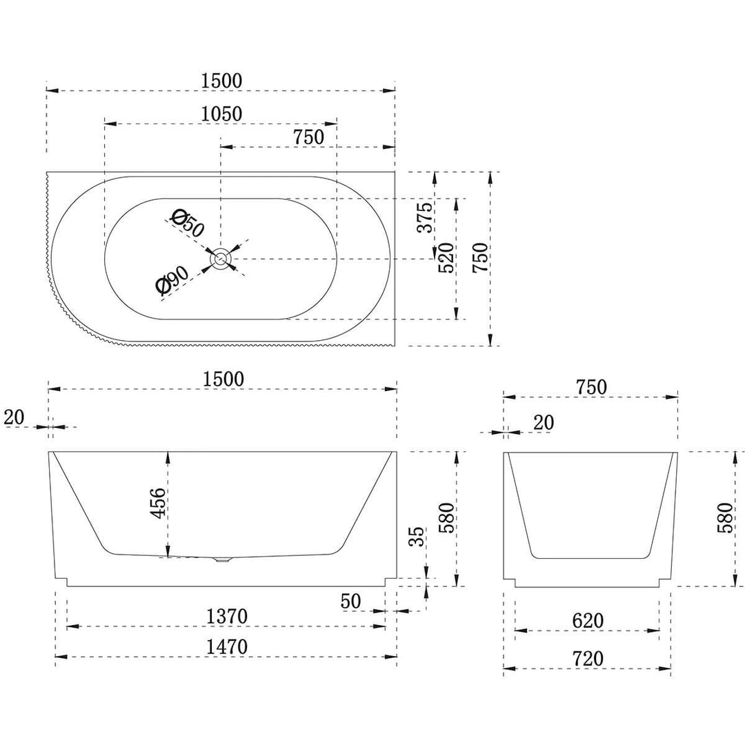 Enflair Fluted Groove Corner Bathtub 1500-1700mm