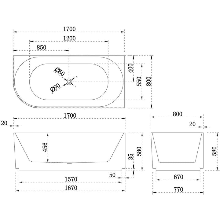 Enflair Fluted Groove Corner Bathtub 1500-1700mm