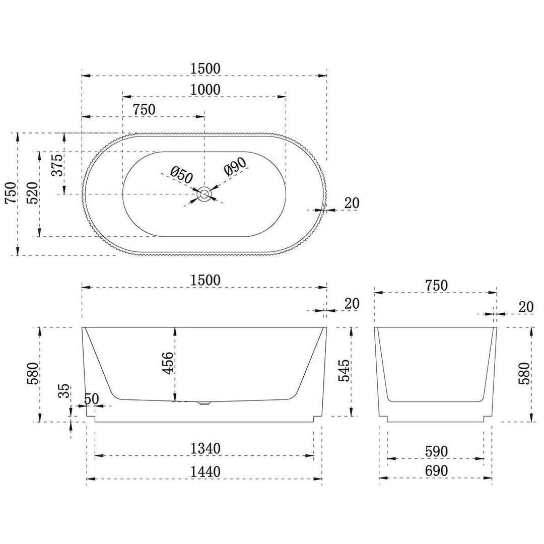 Enflair Oval Fluted Groove Freestanding Bathtub 1500-1700mm