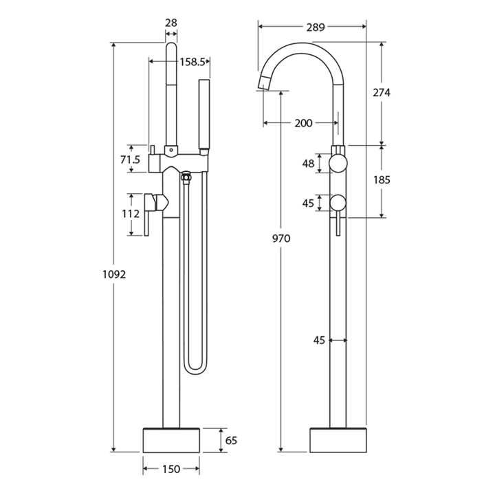 Kaya Floor Mounted Freestanding Bath Spout with Handset