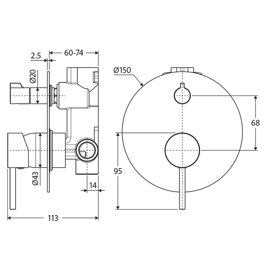 Kaya Pin Handle Diverter Wall Mixer 150mm Backplate