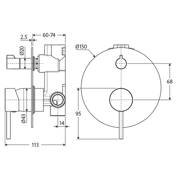 Kaya Pin Handle Diverter Wall Mixer 150mm Backplate