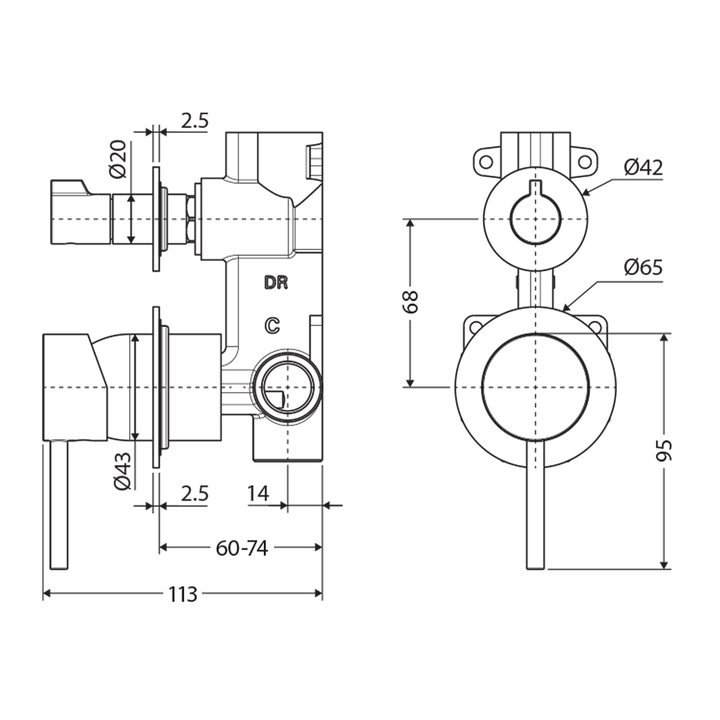 Kaya Pin Handle Diverter Shower Wall Mixer