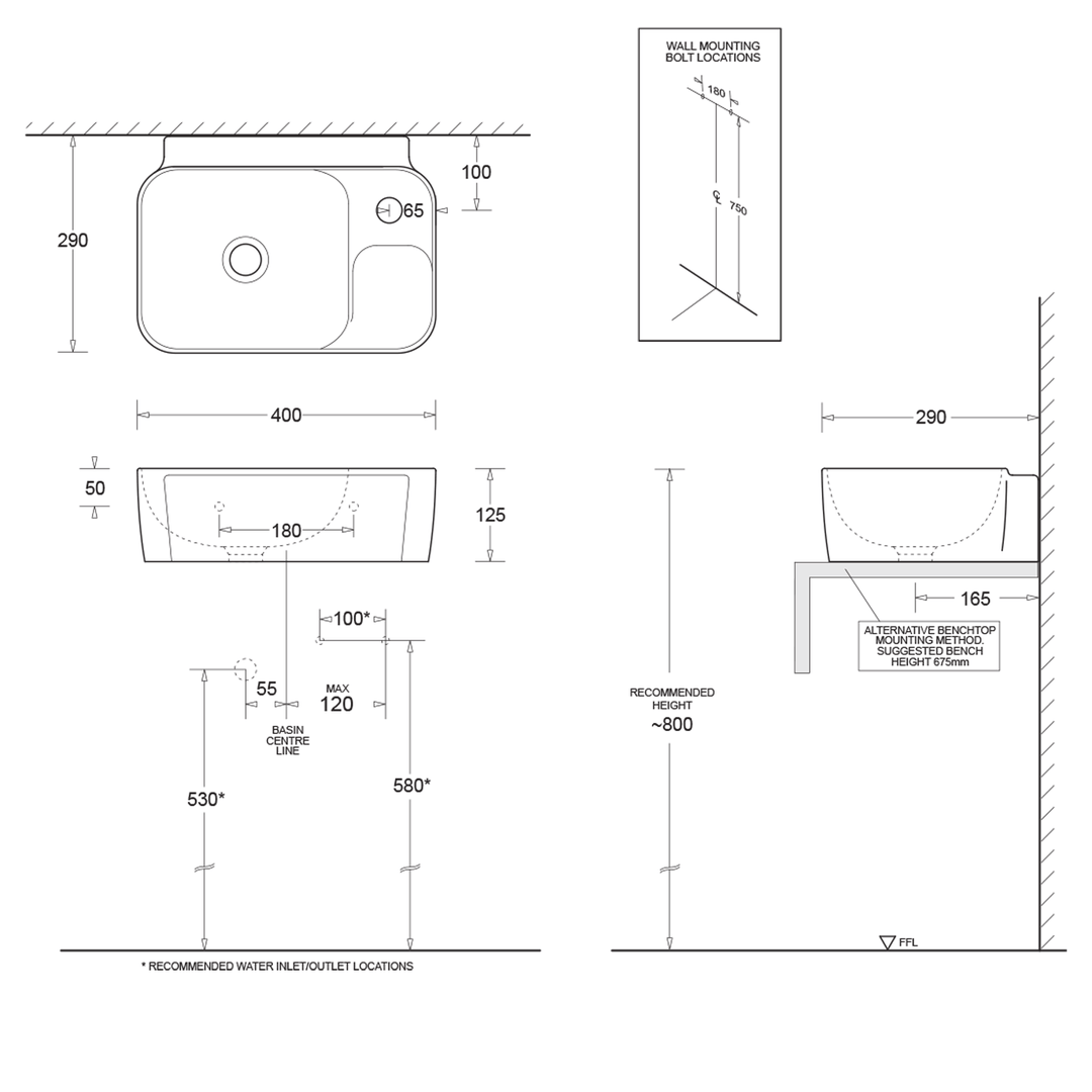 Gemelli Compact Wall Hung Basin 400x290mm