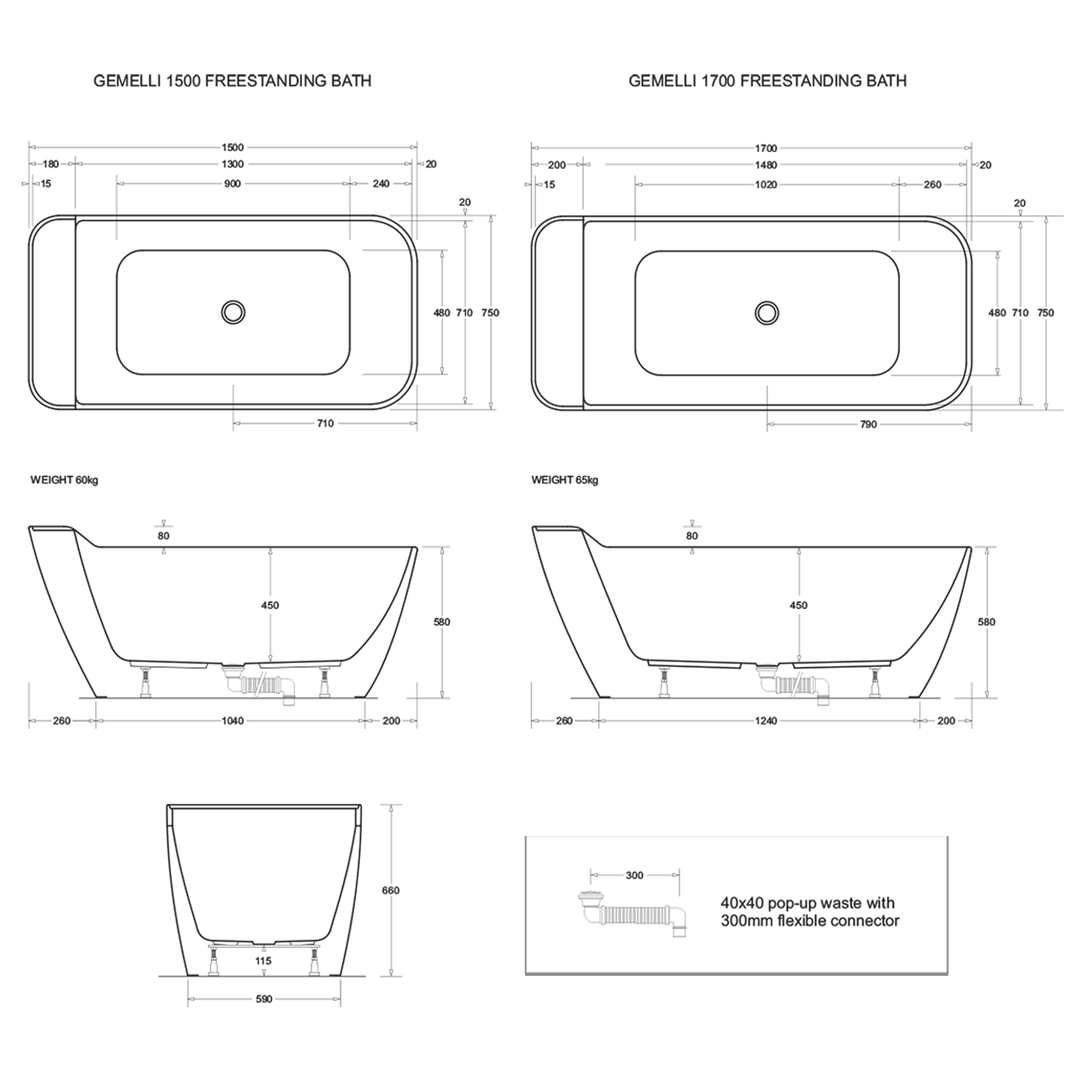 Gemelli Freestanding Acrylic Bath 1500-1700mm