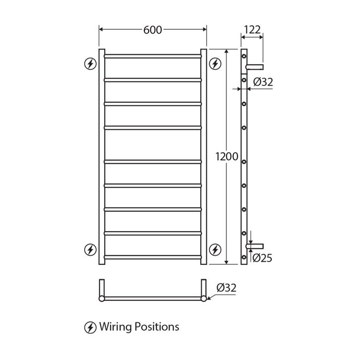 Isabella 9 Bar Heated Towel Rack 600x1200mm