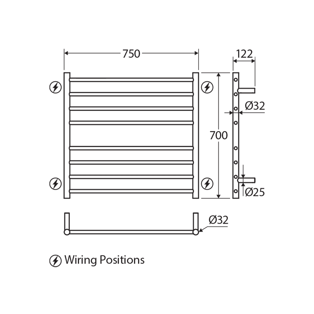 Isabella 8 Bar Heated Towel Rack 750x750mm