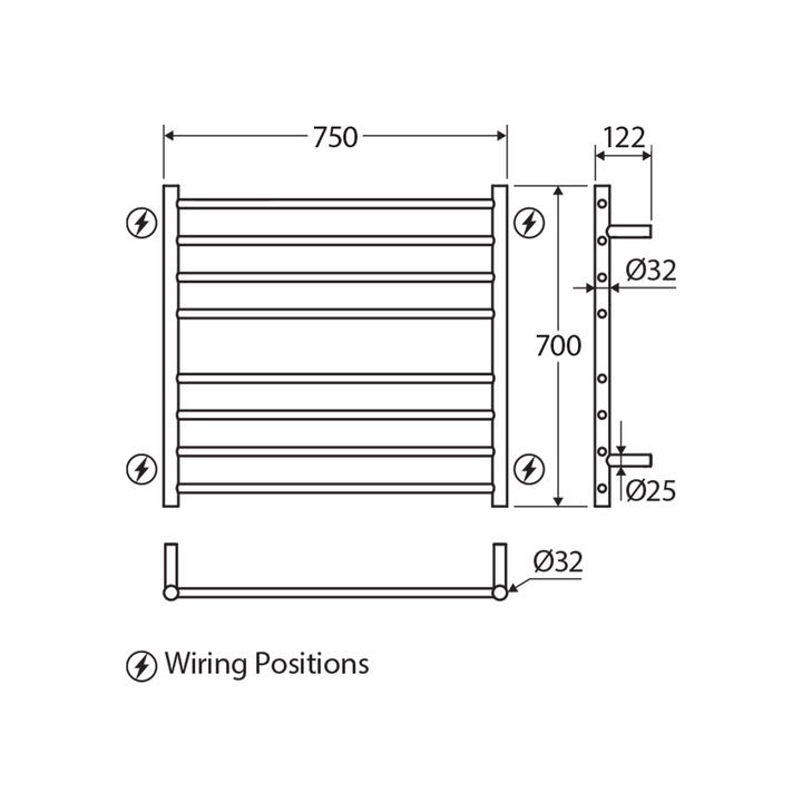 Isabella 8 Bar Heated Towel Rack 750x750mm