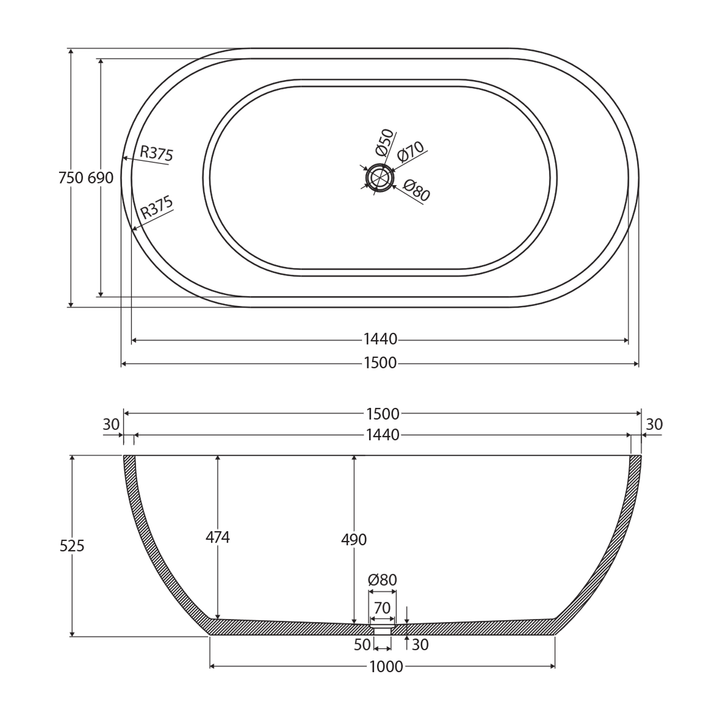 Jada Freestanding Concrete Bathtub 1500mm