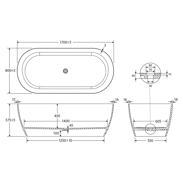 Kaya Freestanding Cast Stone Bathtub 1500-1700mm