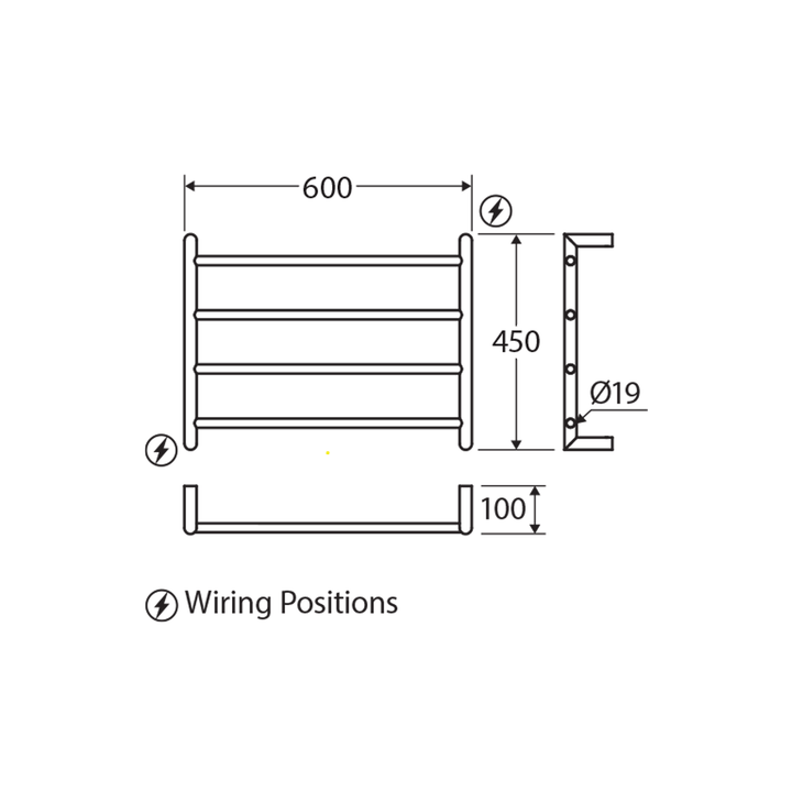 Kaya 4 Bar Heated Towel Rack 600x450mm