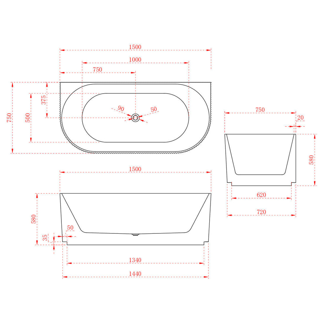 Kira Back-To-Wall Ribbed Freestanding Bathtub 1500-1700mm